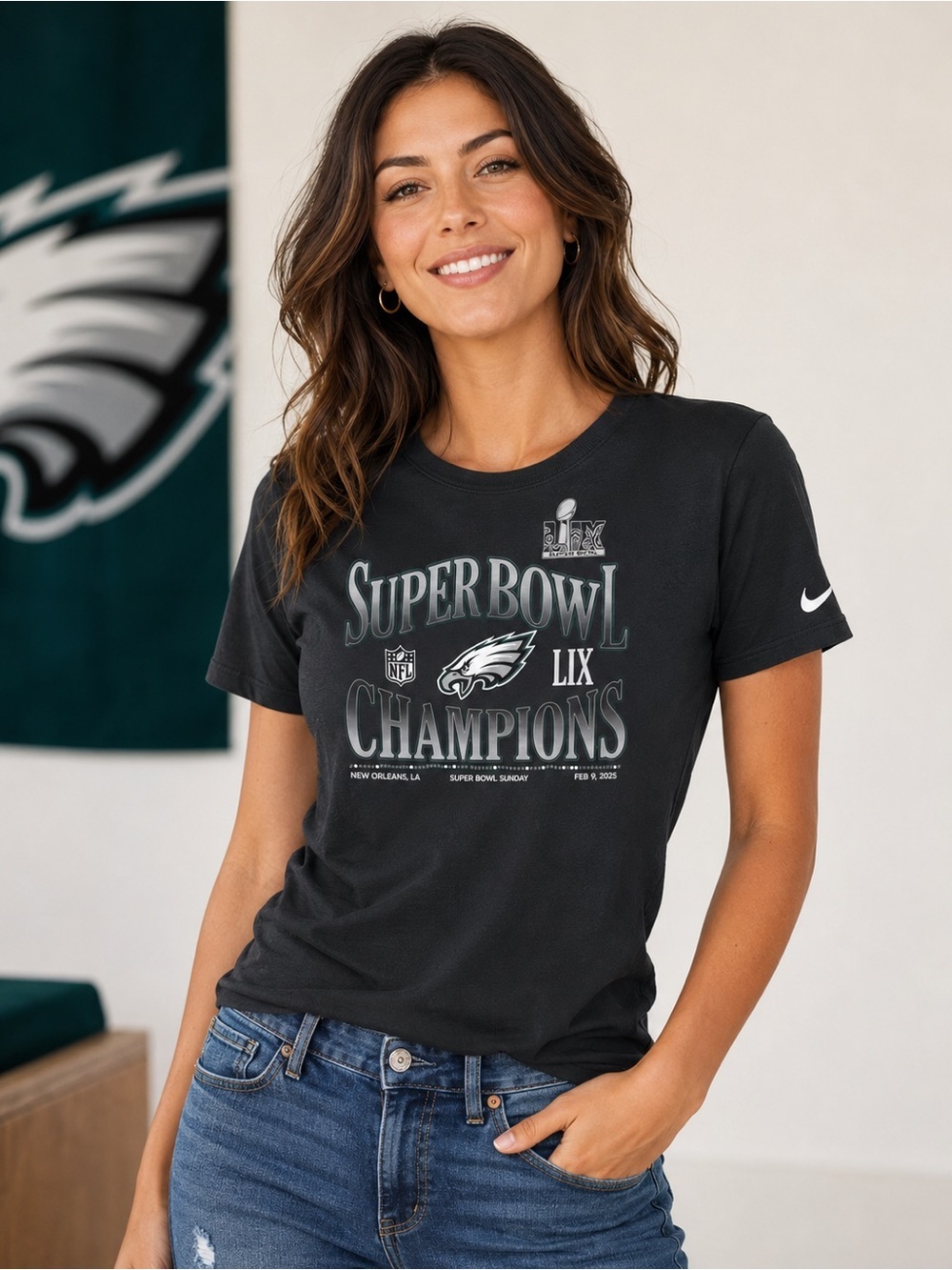 Nike Philadelphia Eagles Super Bowl LIX Champions Women's T-Shirt Black XL NFL - Picture 1 of 8